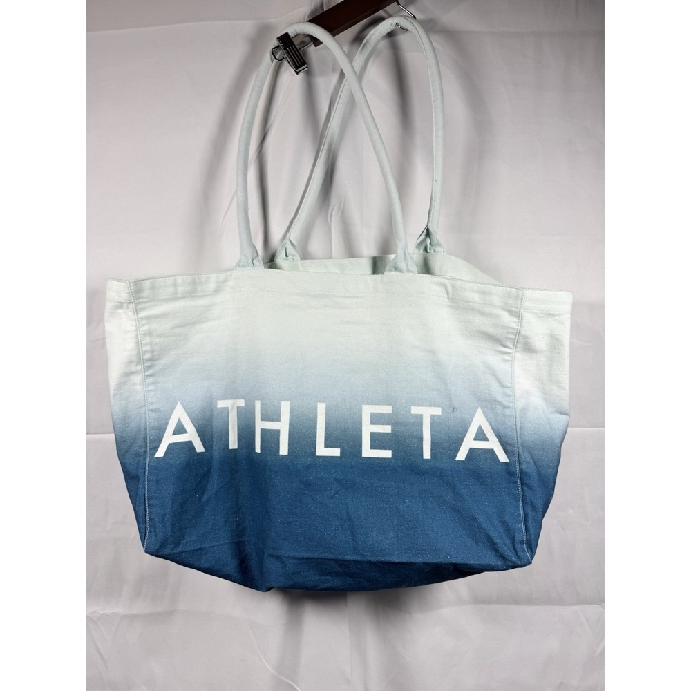 Athleta Blue White Ombre Canvas Tote Bag Large‎ Beach Gym Carryall Logo Print